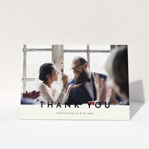 Wedding Thank You Card Design - "Split thank you " A wedding thank you card design called "Split thank you ". It is an A5 card in a landscape orientation. It is a photographic wedding thank you card with room for 1 photo. "Split thank you " is available as a folded card, with mainly cream colouring.