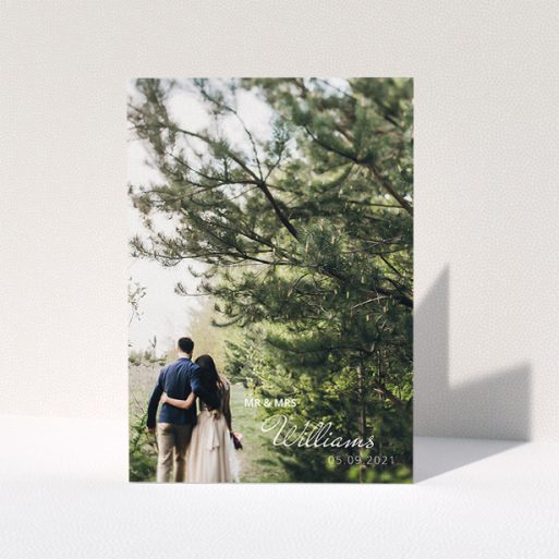 Wedding Thank You Card Design - "Thanks Bottom-Right" A wedding thank you card named "Thanks Bottom-Right". It is an A5 card in a portrait orientation. It is a photographic wedding thank you card with room for 1 photo. "Thanks Bottom-Right" is available as a folded card, with mainly white colouring.