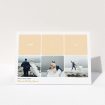 A wedding thank you card design named "Three-on-Three". It is an A5 card in a landscape orientation. It is a photographic wedding thank you card with room for 3 photos. "Three-on-Three" is available as a folded card, with tones of orange and white.