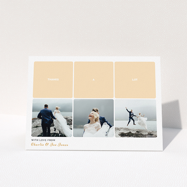 A wedding thank you card design named "Three-on-Three". It is an A5 card in a landscape orientation. It is a photographic wedding thank you card with room for 3 photos. "Three-on-Three" is available as a folded card, with tones of orange and white.