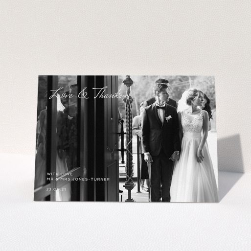 Wedding Thank You Card Design - "To the Left Photo" A wedding thank you card template titled "To the Left Photo". It is an A5 card in a landscape orientation. It is a photographic wedding thank you card with room for 1 photo. "To the Left Photo" is available as a folded card, with mainly white colouring.