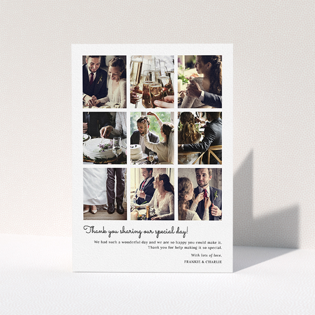 A wedding thank you card named "Too Many Good Memories". It is an A5 card in a portrait orientation. It is a photographic wedding thank you card with room for 9 photos "Too Many Good Memories" is available as a folded card, with mainly white colouring.