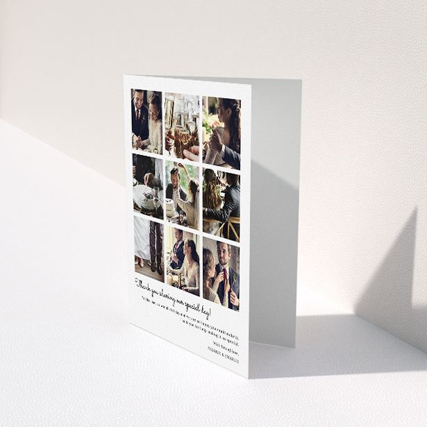 A wedding thank you card named "Too Many Good Memories". It is an A5 card in a portrait orientation. It is a photographic wedding thank you card with room for 9 photos "Too Many Good Memories" is available as a folded card, with mainly white colouring.
