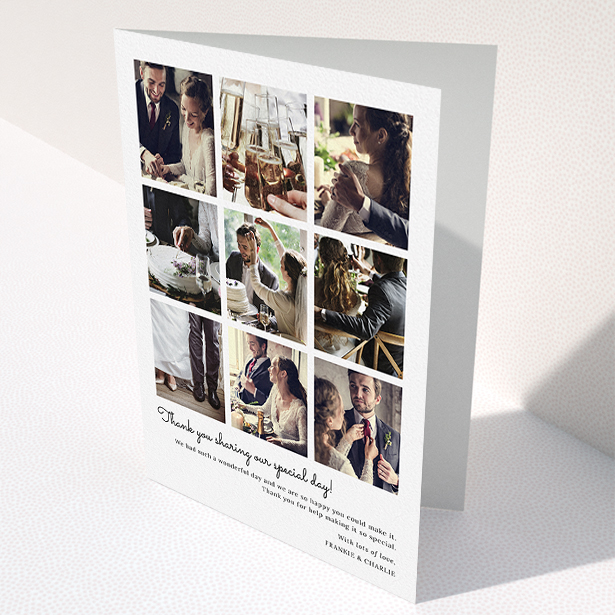 A wedding thank you card named "Too Many Good Memories". It is an A5 card in a portrait orientation. It is a photographic wedding thank you card with room for 9 photos "Too Many Good Memories" is available as a folded card, with mainly white colouring.
