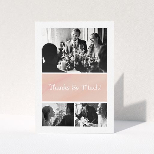 Wedding Thank You Card Design - "Watercolour Pink Thanks" A wedding thank you card design named "Watercolour Pink Thanks". It is an A5 card in a portrait orientation. It is a photographic wedding thank you card with room for 3 photos. "Watercolour Pink Thanks" is available as a folded card, with tones of pink and white.