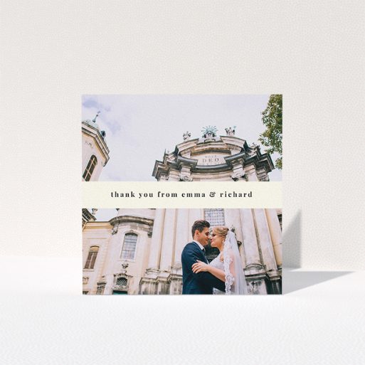 Wedding Thank You Card Design - "White banner" A wedding thank you card design titled "White banner". It is a square (148mm x 148mm) card in a square orientation. It is a photographic wedding thank you card with room for 1 photo. "White banner" is available as a folded card, with mainly cream colouring.