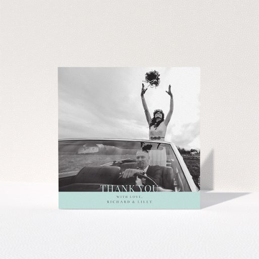 Wedding Thank You Card Design - "Window on the world" A wedding thank you card named "Window on the world". It is a square (148mm x 148mm) card in a square orientation. It is a photographic wedding thank you card with room for 1 photo. "Window on the world" is available as a folded card, with mainly green colouring.