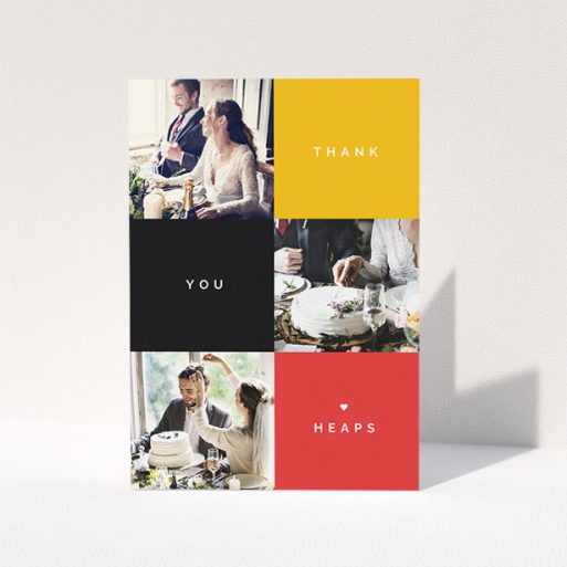 Wedding Thank You Card Design - "Yellow, Black, Red" A wedding thank you card called "Yellow, Black, Red". It is an A5 card in a portrait orientation. It is a photographic wedding thank you card with room for 3 photos. "Yellow, Black, Red" is available as a folded card, with tones of black, red and yellow.