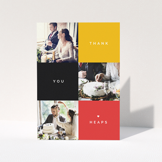 A wedding thank you card called "Yellow, Black, Red". It is an A5 card in a portrait orientation. It is a photographic wedding thank you card with room for 3 photos. "Yellow, Black, Red" is available as a folded card, with tones of black, red and yellow.