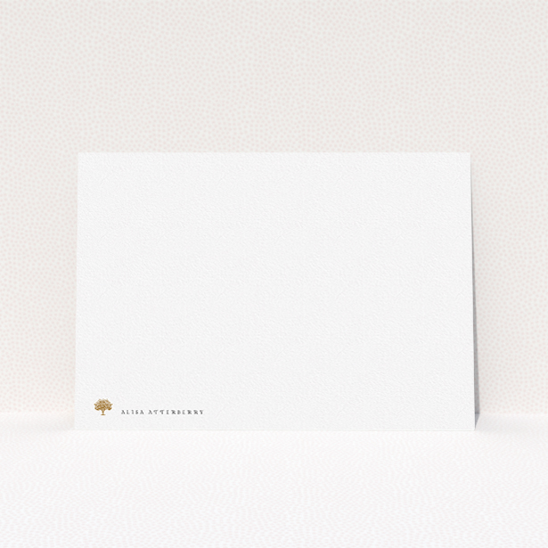 A womens correspondence card template titled "A tree in the garden". It is an A5 card in a landscape orientation. "A tree in the garden" is available as a flat card, with tones of white and Dark orange.