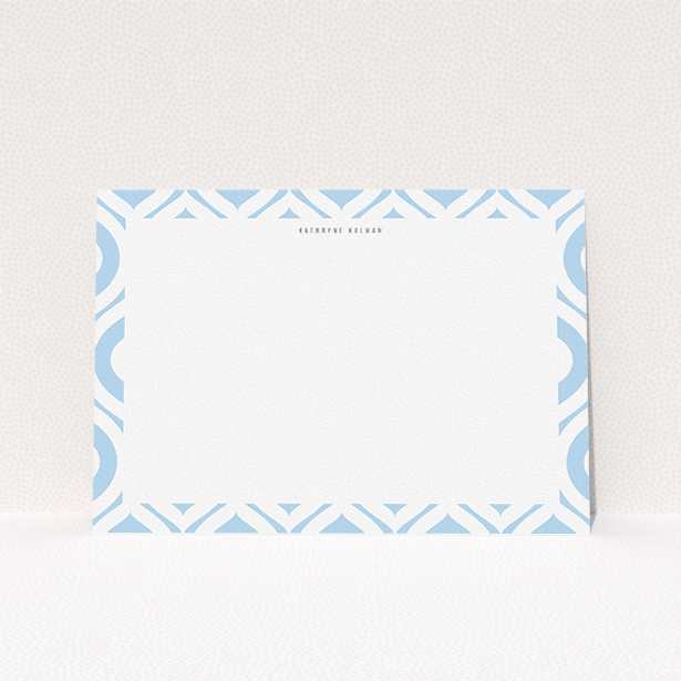 A womens correspondence card design called "Arabian diamonds". It is an A5 card in a landscape orientation. "Arabian diamonds" is available as a flat card, with tones of blue and white.