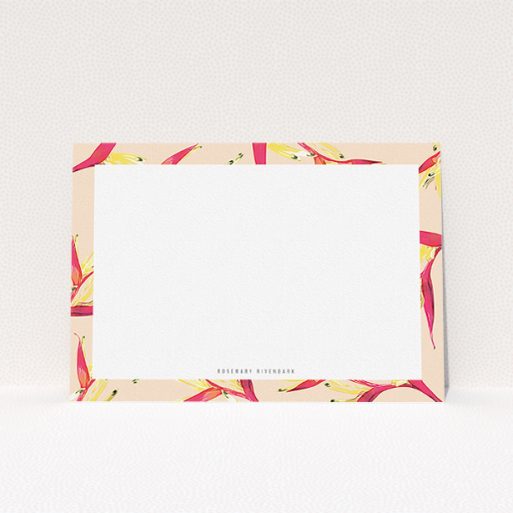 Correspondence Card Design for Women - "Birds of paradise" A womens correspondence card named "Birds of paradise". It is an A5 card in a landscape orientation. "Birds of paradise" is available as a flat card, with tones of dark cream and red.