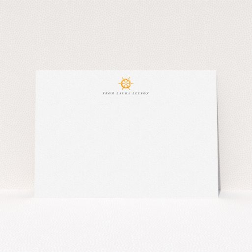 Correspondence Card Design for Women - "Captain's orders" A womens correspondence card design named "Captain's orders". It is an A5 card in a landscape orientation. "Captain's orders" is available as a flat card, with tones of white and orange.