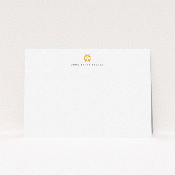 A womens correspondence card design named "Captain's orders". It is an A5 card in a landscape orientation. "Captain's orders" is available as a flat card, with tones of white and orange.