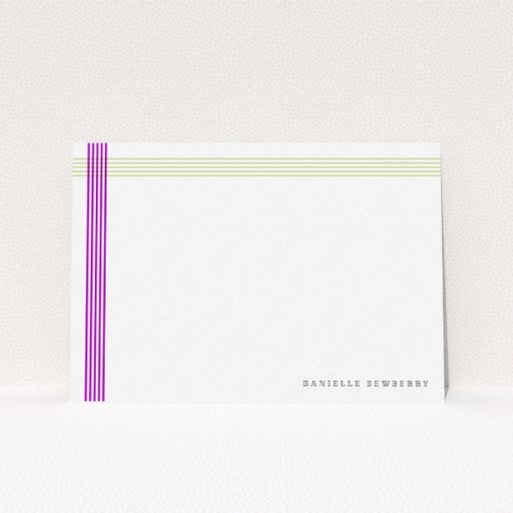 Correspondence Card Design for Women - "Crossing Paths" A womens correspondence card template titled "Crossing Paths". It is an A5 card in a landscape orientation. "Crossing Paths" is available as a flat card, with tones of yellow and purple.