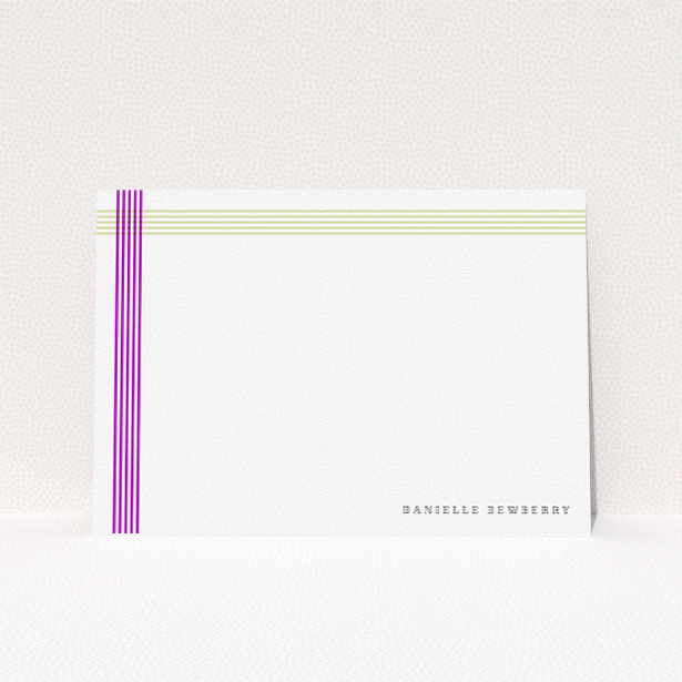 A womens correspondence card template titled "Crossing Paths". It is an A5 card in a landscape orientation. "Crossing Paths" is available as a flat card, with tones of yellow and purple.