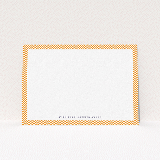 A womens correspondence card design titled "Hounds Tooth Orange". It is an A5 card in a landscape orientation. "Hounds Tooth Orange" is available as a flat card, with tones of orange and white.