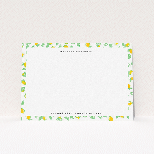 A womens correspondence card template titled "Madeira". It is an A5 card in a landscape orientation. "Madeira" is available as a flat card, with tones of green and yellow.