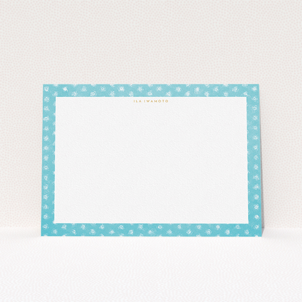A womens correspondence card design named "Remembering polkadots". It is an A5 card in a landscape orientation. "Remembering polkadots" is available as a flat card, with tones of blue and white.