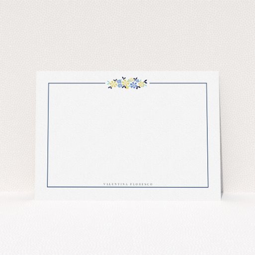 Correspondence Card Design for Women - "Surrounded by flowers" A womens correspondence card design named "Surrounded by flowers". It is an A5 card in a landscape orientation. "Surrounded by flowers" is available as a flat card, with tones of white and blue.