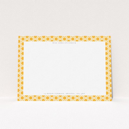 Correspondence Card Design for Women - "The honeycomb" A womens correspondence card design titled "The honeycomb". It is an A5 card in a landscape orientation. "The honeycomb" is available as a flat card, with tones of orange and white.
