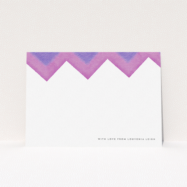 A womens correspondence card design called "Vibrant Peaks". It is an A5 card in a landscape orientation. "Vibrant Peaks" is available as a flat card, with mainly purple/dark pink colouring.